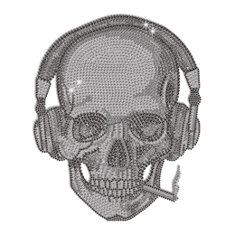 Scary Skull in Headphone Iron-on Rhinestone Transfer