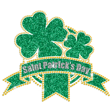 Clover Medal And Glittering Patrick Day's Ribbon Rhinestone Iron On