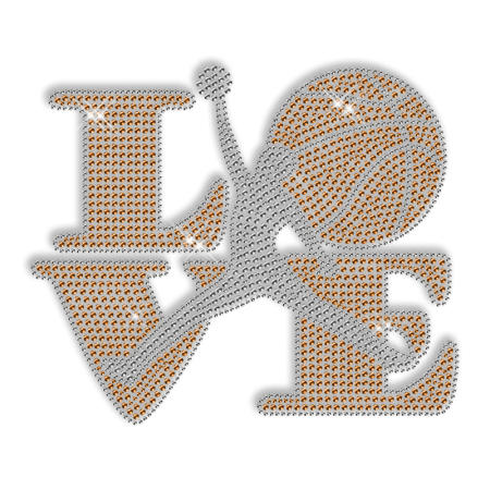 Custom Cool Orange Sparkling Love Basketball Diamante Iron on Transfer Design for Shirts