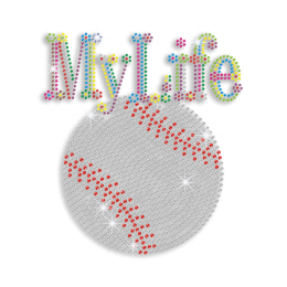 Colorful My Life Baseball Iron on Rhinestone Transfer