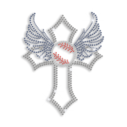 Elegant Baseball Cross Wings Iron on Rhinestone Transfer