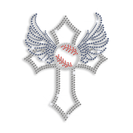 Elegant Baseball Cross Wings Iron on Rhinestone Transfer