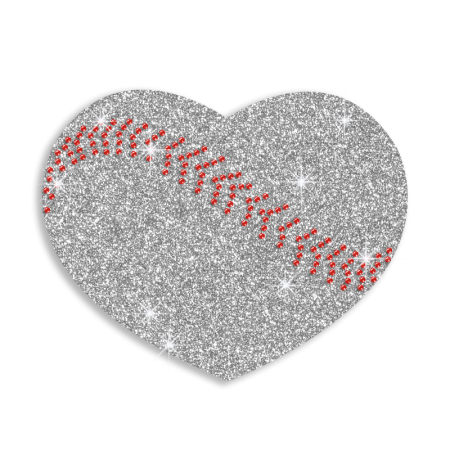 Beautiful Silver Baseball Heart Iron on Glitter Rhinestone Transfer