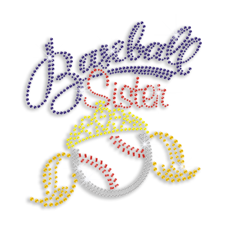 Colorful Curly Baseball Sister Iron on Rhinestone Nailhead Transfer