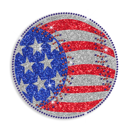 Bling Baseball on American Flag Iron on Glitter Rhinestone Transfer