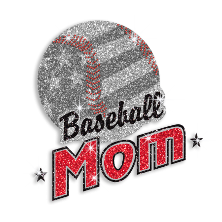 Bling Baseball Mom with US Flag Glitter Nailhead Iron on Transfer