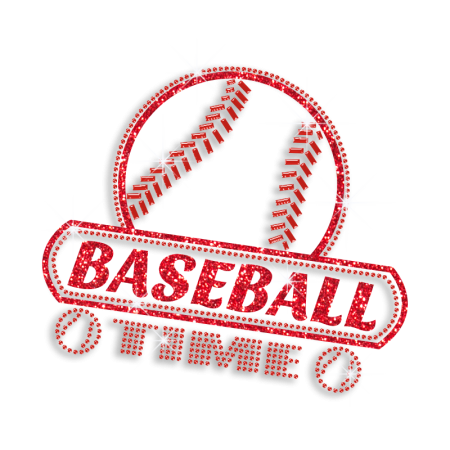 Red Bling Baseball Time Iron on Rhinestone Glitter Nailhead Transfer