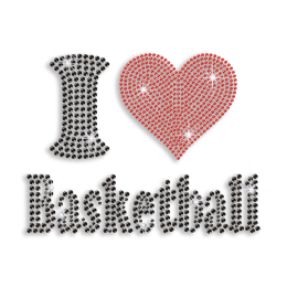 Custom I Love Basketball with My Heart Iron on Rhinestone Transfer