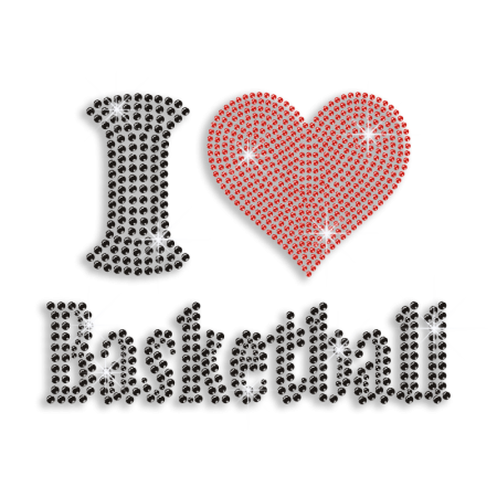 Custom I Love Basketball with My Heart Iron on Rhinestone Transfer