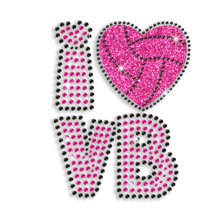 Cute I Heart VB Volleyball Love Iron-on Rhinestone Glitter Transfer