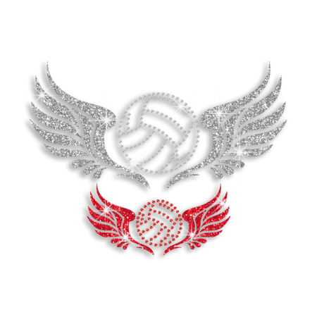 Silver & Red Volleyball Flying with Wings Iron on Glitter Rhinestone Transfer