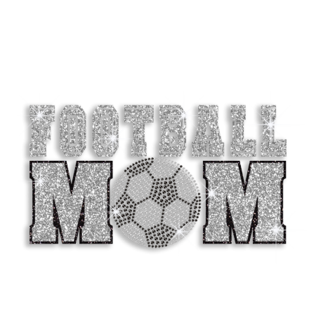 Silver & Black Football Mom Soccer Iron on Glitter Rhinestone Transfer