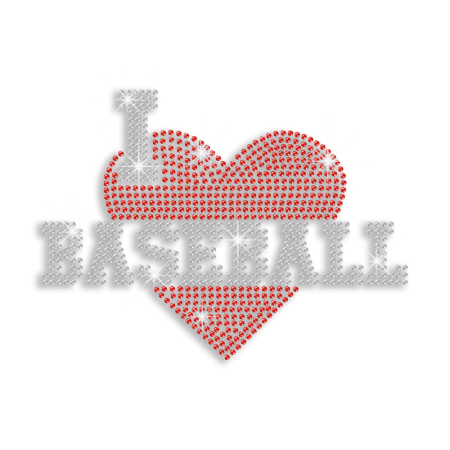 Heart I Love Baseball Rhinestone Iron on Transfer