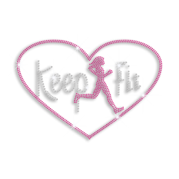 Rose Pink Keep Fit Running Heart Rhinestone Iron on Transfer