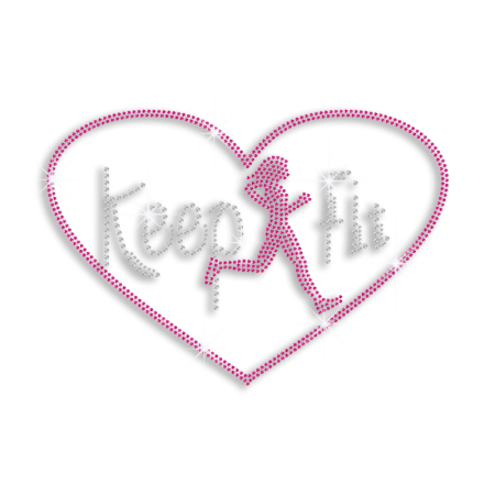 Rose Pink Keep Fit Running Heart Rhinestone Iron on Transfer