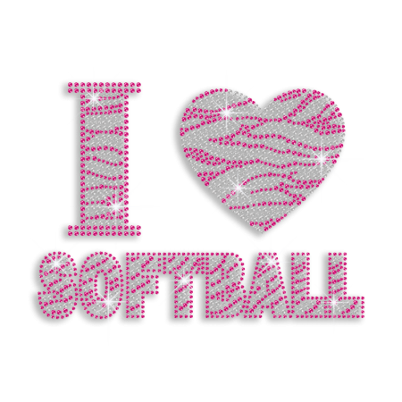 Rose Pink I Love Softball Rhinestone Iron on Transfer