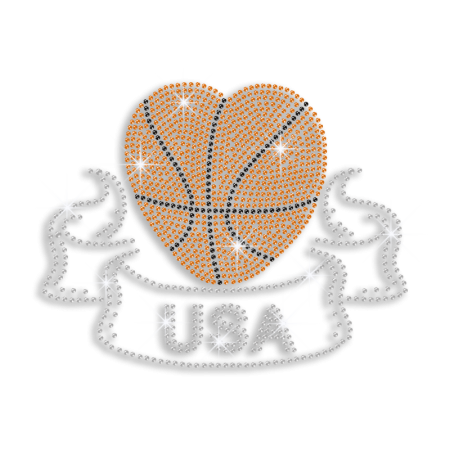 2015 Orange USA Basketball Heart Rhinestone Rhinestud Iron on Transfer