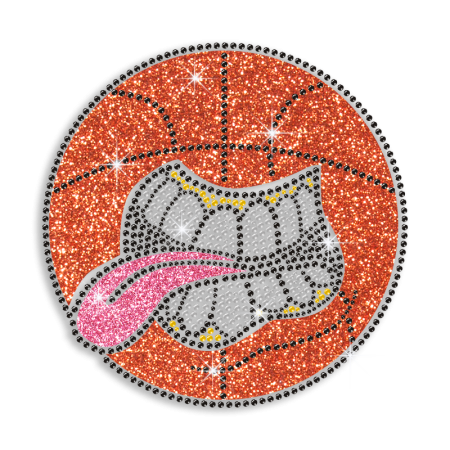 Kid Show Cool Basketball with Teeth & Tongue Iron on Glitter Nailhead Transfer