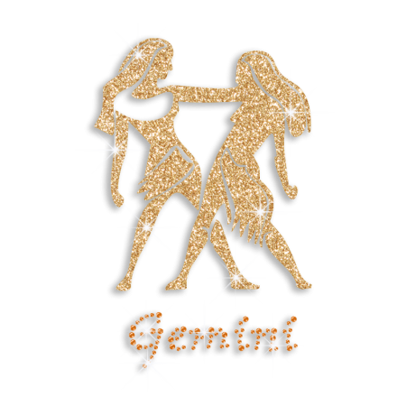 Gold Gemini Zodiac Iron on Glitter Rhinestone Transfer