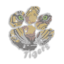 Fierce Tiger Face in Paw Print Iron-on Rhinestone Transfer