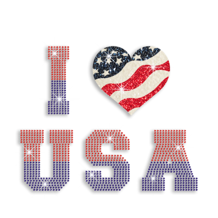 Cool I Love USA Iron on Glitter Rhinestone Transfer