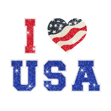 Bling I Love USA Iron on Glitter Rhinestone Transfer