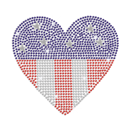 US Flag Heart Iron on Rhinestone Transfer