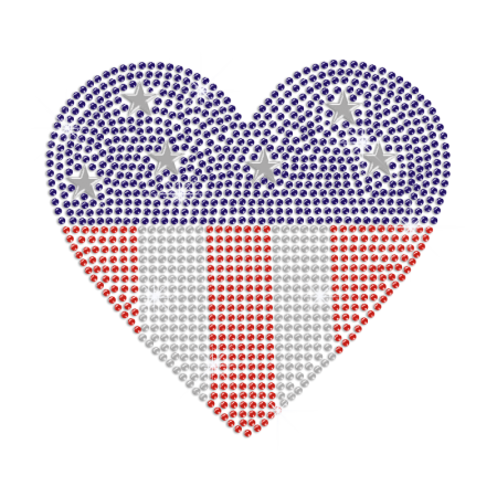 US Flag Heart Iron on Rhinestone Transfer