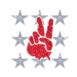 Glittering V Sign with Blue Bling Star Iron on Rhinestone Transfer Decal