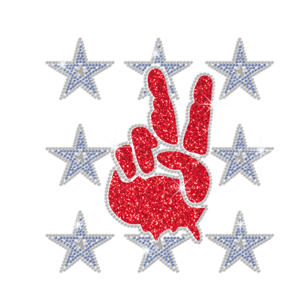 Glittering V Sign with Blue Bling Star Iron on Rhinestone Transfer Decal