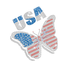 Bling USA American Flag Butterfly Design Glitter Rhinestone Iron on