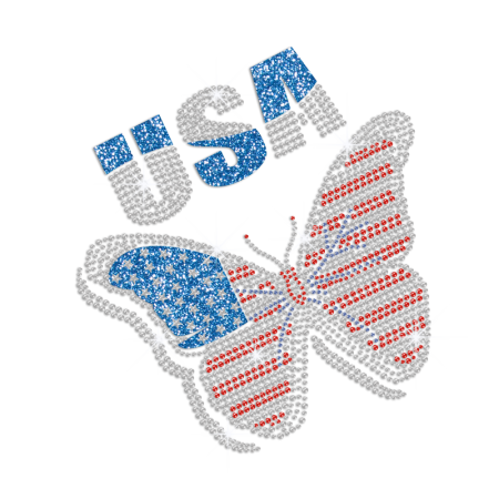 Bling USA American Flag Butterfly Design Glitter Rhinestone Iron on