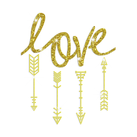 Gold Love Arrow of Cupid Iron on Glitter Rhinestone Transfer Motif