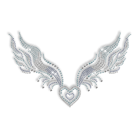 Custom Sparkling Heart with Wings in Crystal and Blue Diamante Iron on Transfer Pattern for Clothes