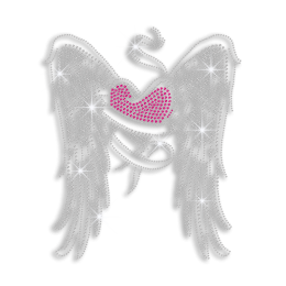 Beautiful Wings with Pink Heart Iron on Rhinestone Transfer