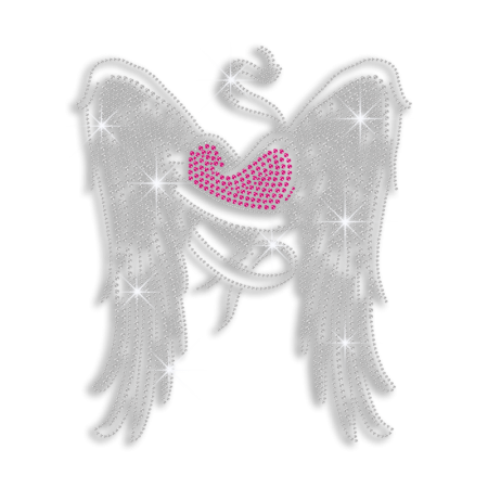 Beautiful Wings with Pink Heart Iron on Rhinestone Transfer