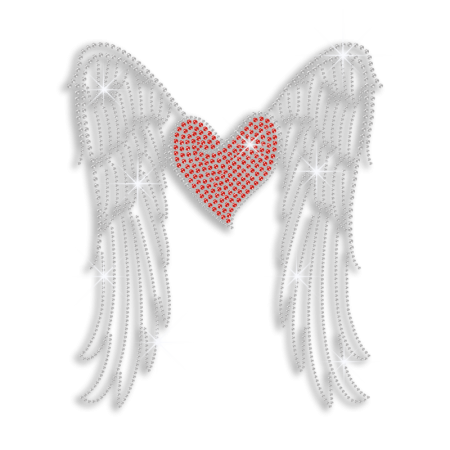 Lovely Heart & Wings Iron on Rhinestud Rhinestone Transfer