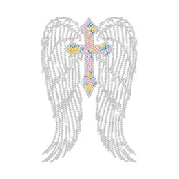 Pretty Cross with Wings Iron on Rhinestone Transfer