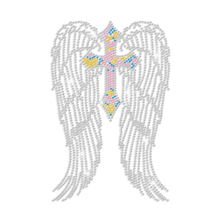Pretty Cross with Wings Iron on Rhinestone Transfer