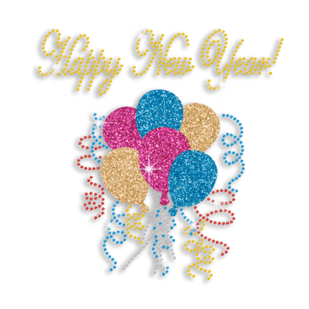 Happy New Year Balloons Iron-on Glitter Rhinestone Transfer