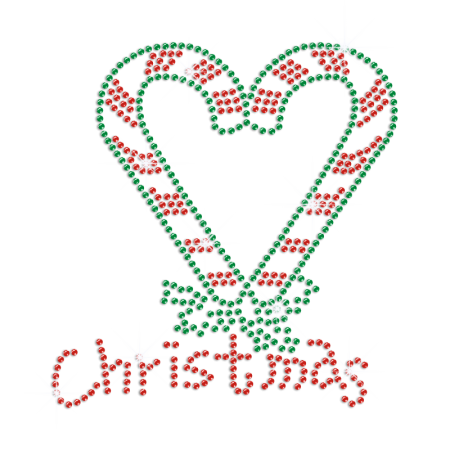 Heart Christmas Candy Cane Iron-on Rhinestone Transfer Motif