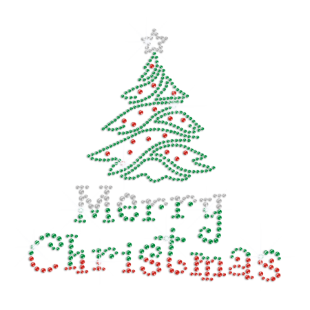 Merry Christmas Tree in Festival Colors Iron-on Rhinestone Transfer