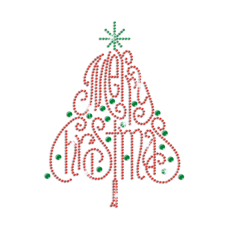 Merry Christmas Tree Iron on Rhinestone Transfer Decal