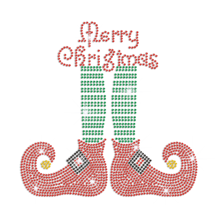 Merry Christmas with Funny Boots Iron on Rhinestud Transfer Motif