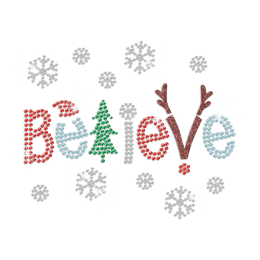 Believe with Christmas Tree And Deer Horn Glitter Rhinestone Iron on