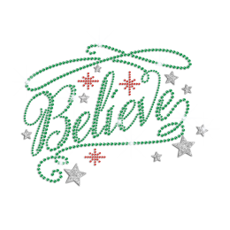 Christmas Believe with Glittering Stars Iron on Rhinestone Transfer Decal