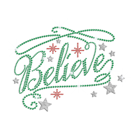 Christmas Believe with Glittering Stars Iron on Rhinestone Transfer Decal