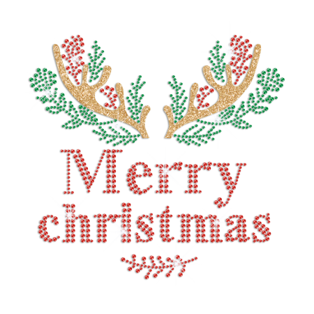 Merry Christmas with Glittering Deer Horn Iron on Rhinestone Transfer Motif