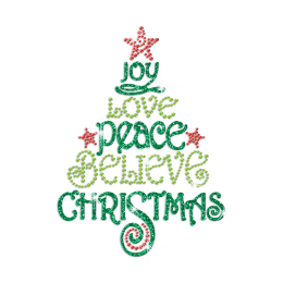 Joy Love Peace Believe Christmas Iron on Glitter Rhinestone Transfer Motif