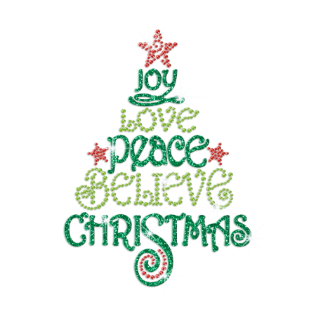 Joy Love Peace Believe Christmas Iron on Glitter Rhinestone Transfer Motif